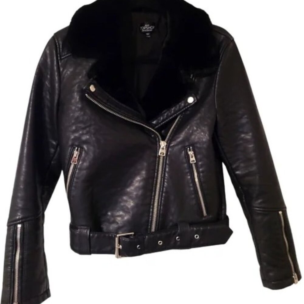 Topshop PETITE faux leather biker jacket fur collar‎ Size 2 EUC